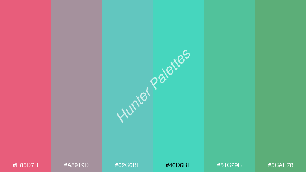türkiz szín palettája a következőkkel: #e85d7b #a5919d #62c6bf #46d6be #51c29b #5cae78