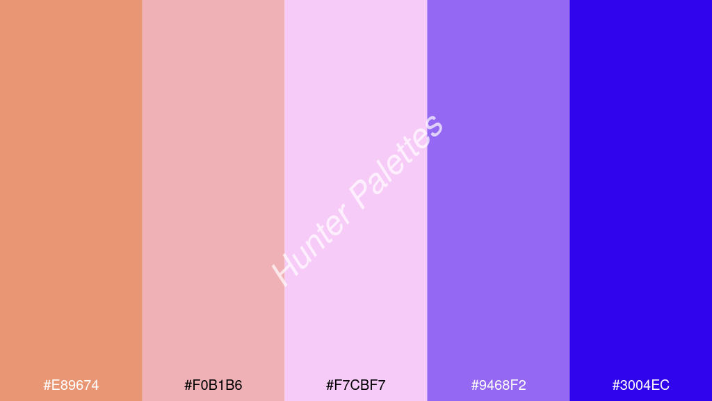 világos rózsaszín szín palettája a következőkkel: #e89674 #f0b1b6 #f7cbf7 #9468f2 #3004ec