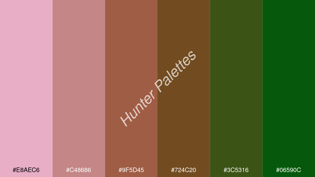 barna szín palettája a következőkkel: #e8aec6 #c48686 #9f5d45 #724c20 #3c5316 #06590c
