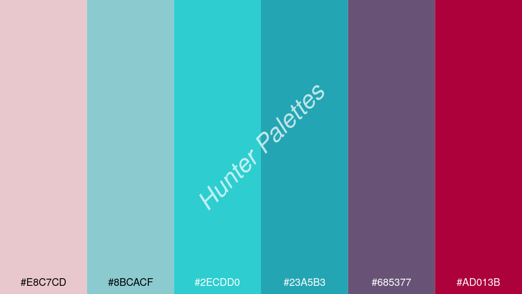 sötét türkiz szín palettája a következőkkel: #e8c7cd #8bcacf #2ecdd0 #23a5b3 #685377 #ad013b