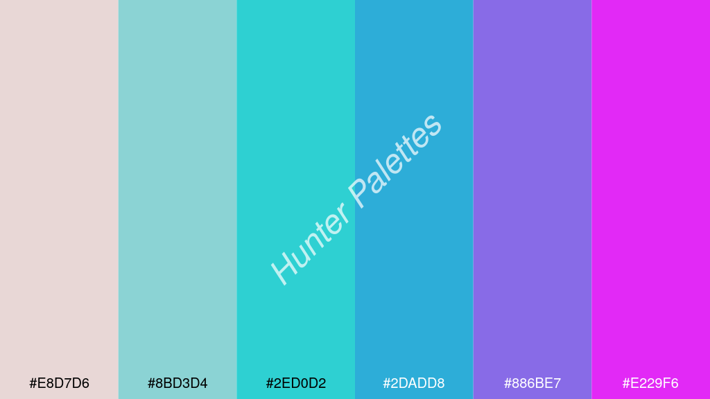 sötét türkiz szín palettája a következőkkel: #e8d7d6 #8bd3d4 #2ed0d2 #2dadd8 #886be7 #e229f6