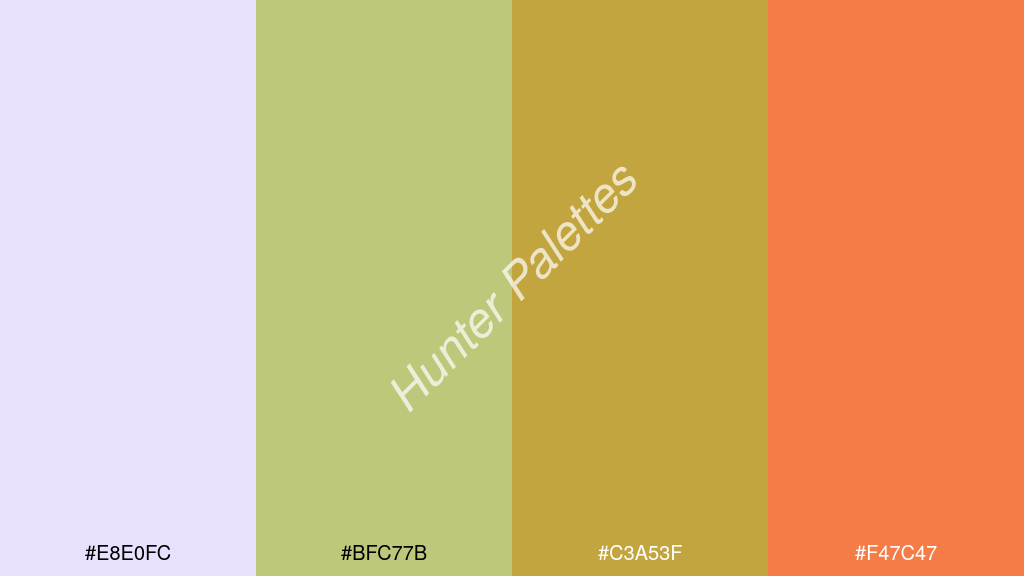 kivi szín palettája a következőkkel: #e8e0fc #bfc77b #c3a53f #f47c47