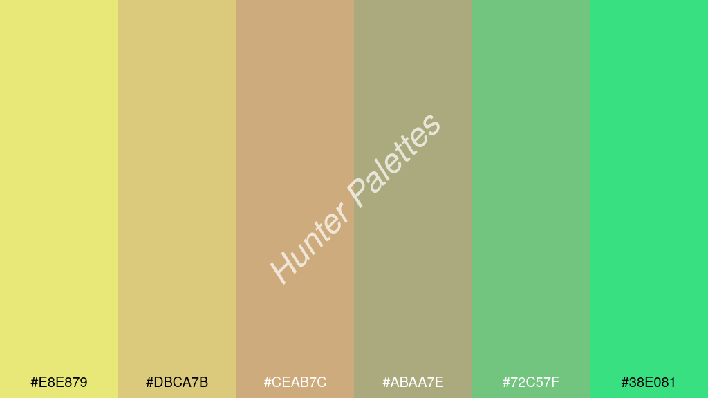terracotta szín palettája a következőkkel: #e8e879 #dbca7b #ceab7c #abaa7e #72c57f #38e081