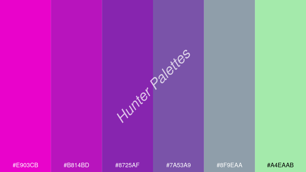 szőlő szín palettája a következőkkel: #e903cb #b814bd #8725af #7a53a9 #8f9eaa #a4eaab