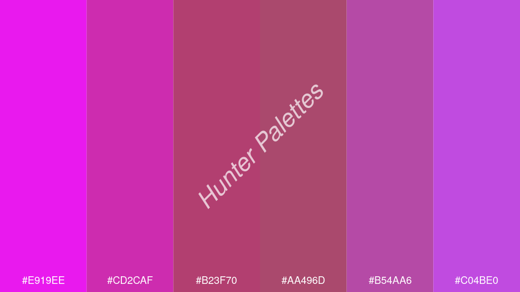 mahagóni szín palettája a következőkkel: #e919ee #cd2caf #b23f70 #aa496d #b54aa6 #c04be0
