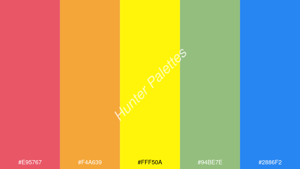 neon sárga szín palettája a következőkkel: #e95767 #f4a639 #fff50a #94be7e #2886f2