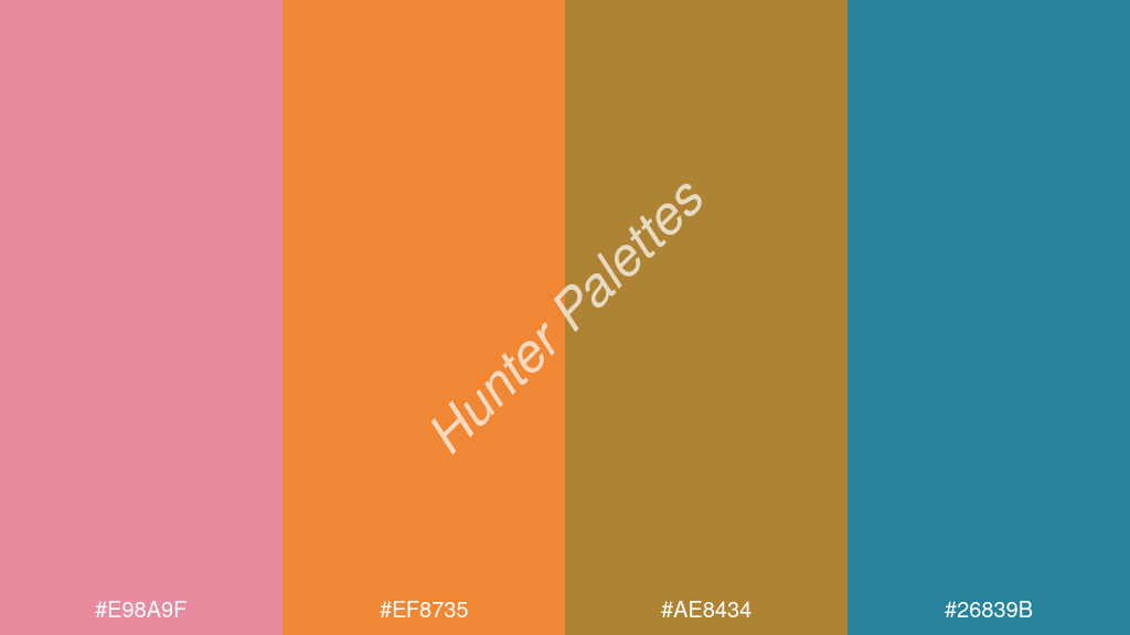mandarin szín palettája a következőkkel: #e98a9f #ef8735 #ae8434 #26839b