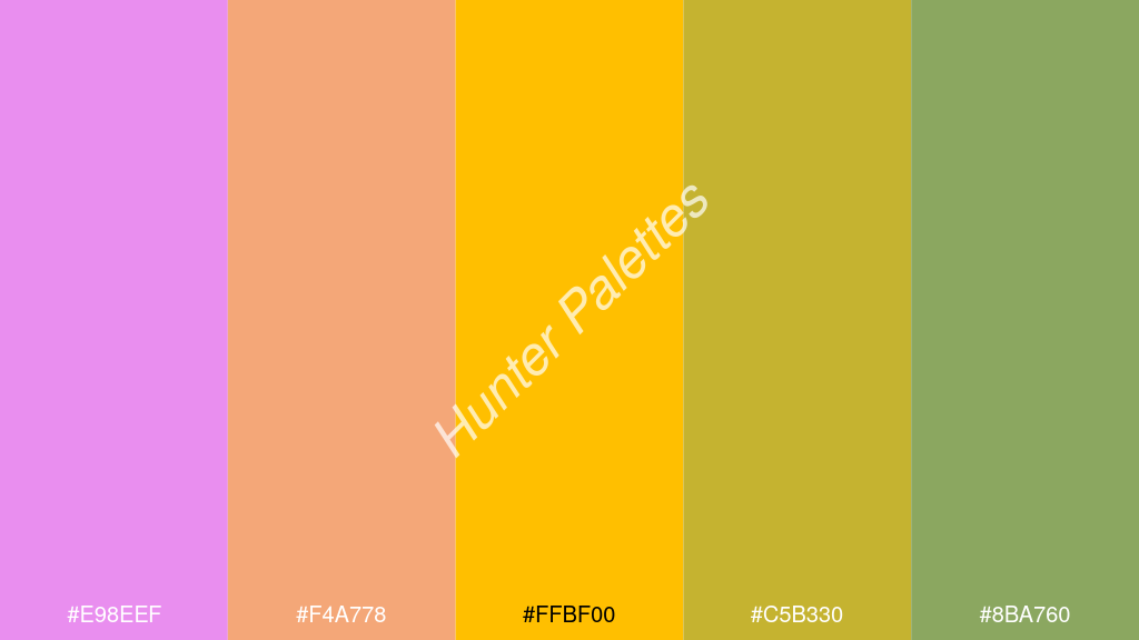 borostyán szín palettája a következőkkel: #e98eef #f4a778 #ffbf00 #c5b330 #8ba760