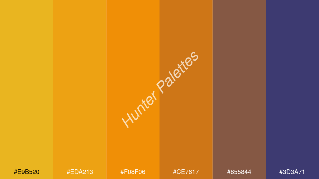 mandarin szín palettája a következőkkel: #e9b520 #eda213 #f08f06 #ce7617 #855844 #3d3a71