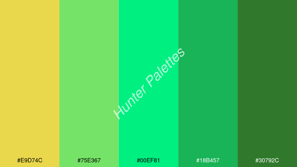 foszforeszkáló zöld szín palettája a következőkkel: #e9d74c #75e367 #00ef81 #18b457 #30792c