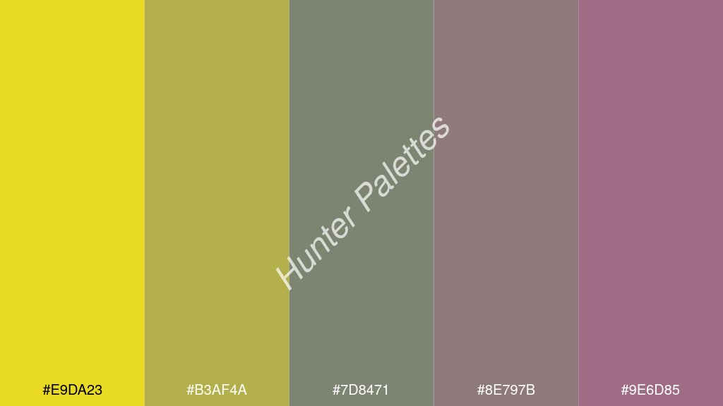 cement szürke szín palettája a következőkkel: #e9da23 #b3af4a #7d8471 #8e797b #9e6d85