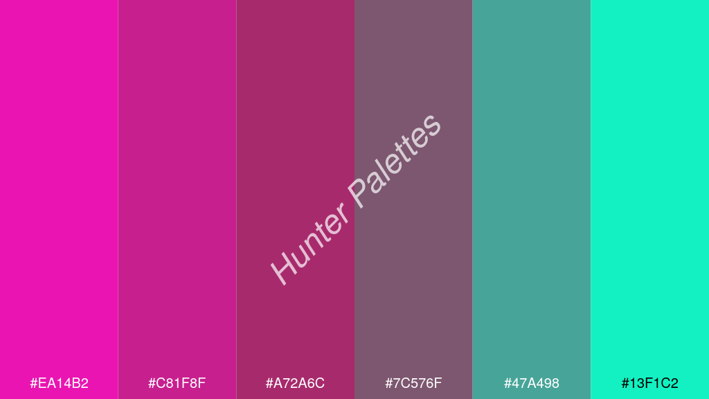 bordó szín palettája a következőkkel: #ea14b2 #c81f8f #a72a6c #7c576f #47a498 #13f1c2