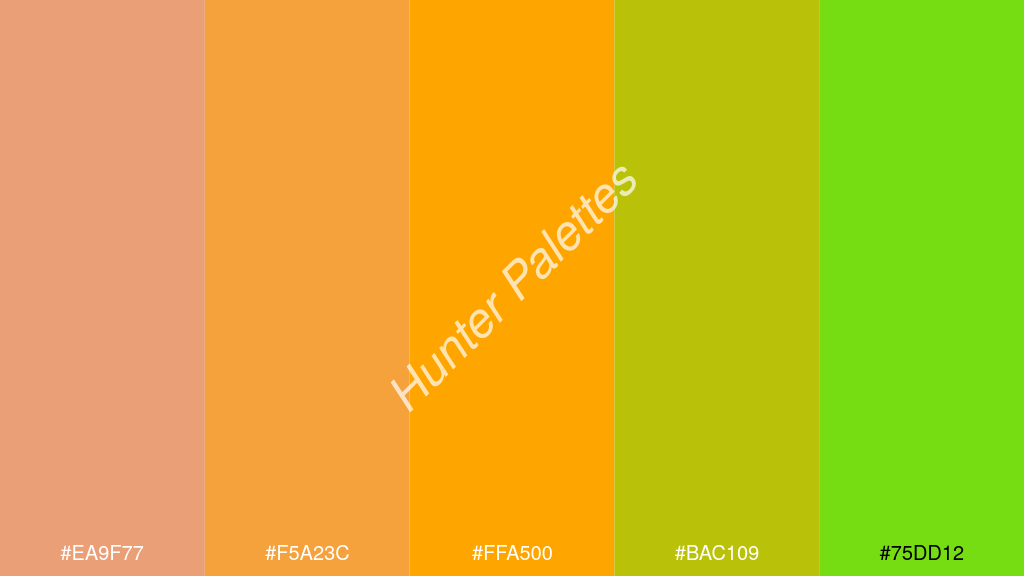 narancssárga szín palettája a következőkkel: #ea9f77 #f5a23c #ffa500 #bac109 #75dd12