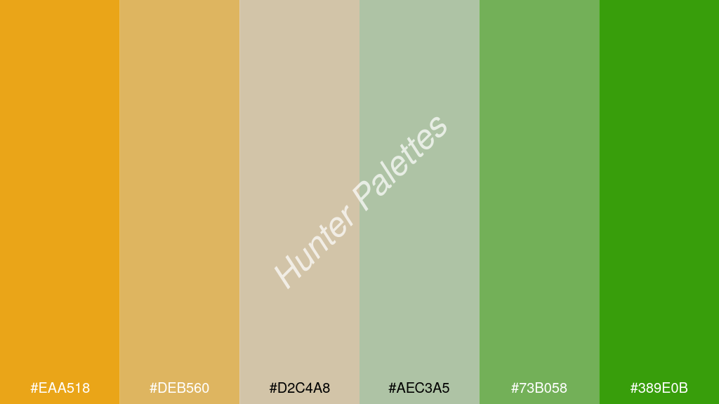 cccccc szín palettája a következőkkel: #eaa518 #deb560 #d2c4a8 #aec3a5 #73b058 #389e0b