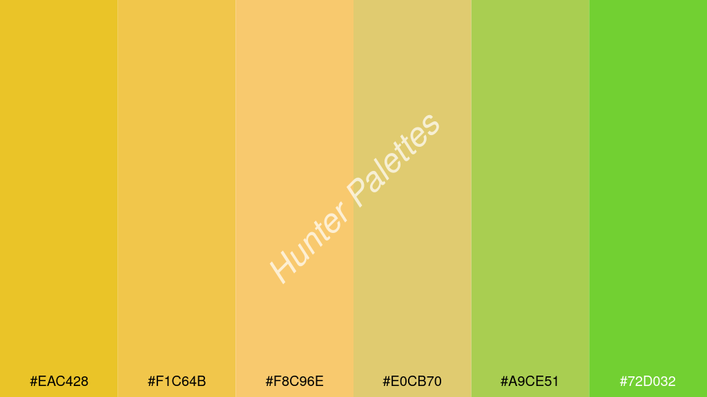 dinnye szín palettája a következőkkel: #eac428 #f1c64b #f8c96e #e0cb70 #a9ce51 #72d032