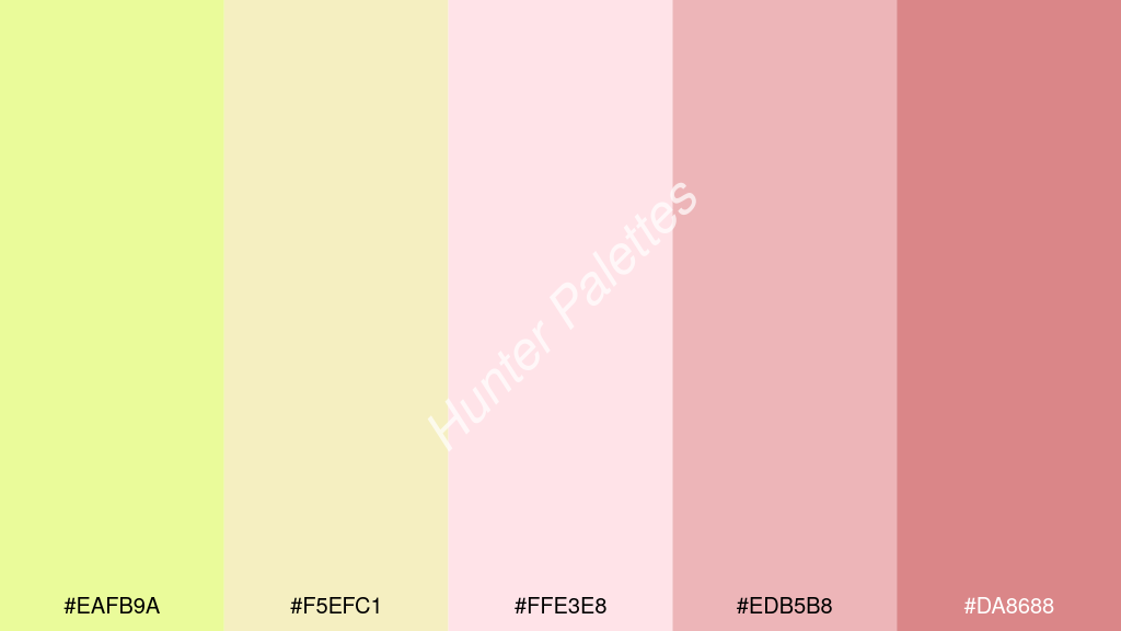 halvány rózsaszín szín palettája a következőkkel: #eafb9a #f5efc1 #ffe3e8 #edb5b8 #da8688