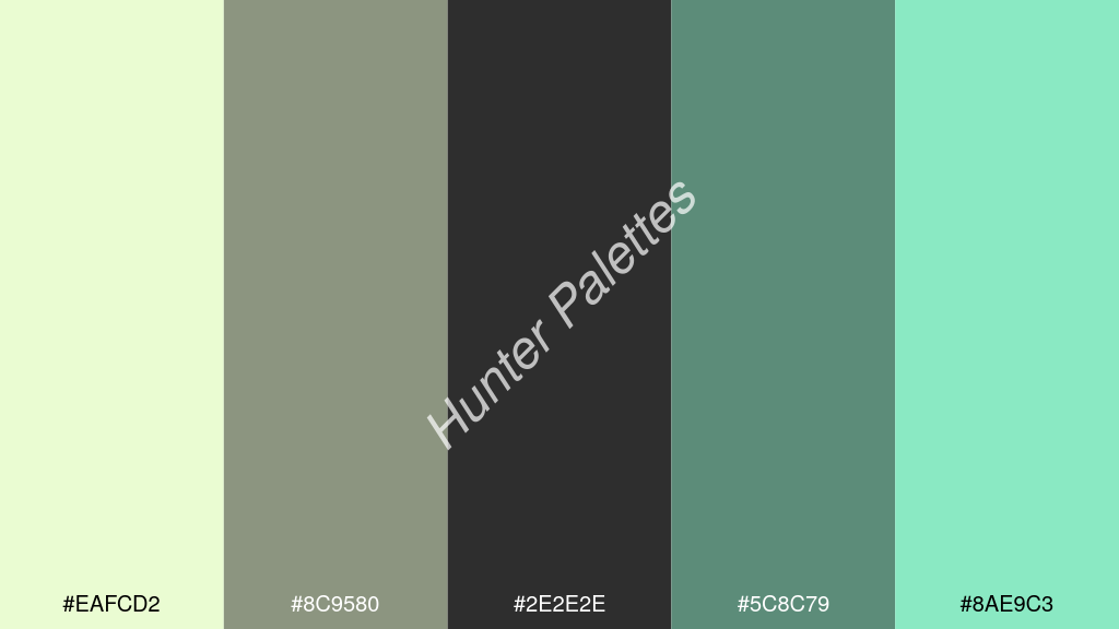 sötét szürke szín palettája a következőkkel: #eafcd2 #8c9580 #2e2e2e #5c8c79 #8ae9c3