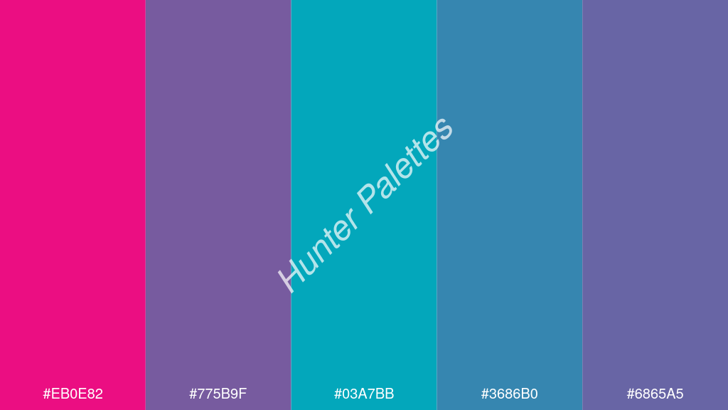 akvamarin kék szín palettája a következőkkel: #eb0e82 #775b9f #03a7bb #3686b0 #6865a5