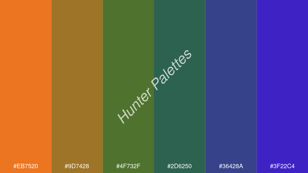 smaragdzöld szín palettája a következőkkel: #eb7520 #9d7428 #4f732f #2d6250 #36428a #3f22c4