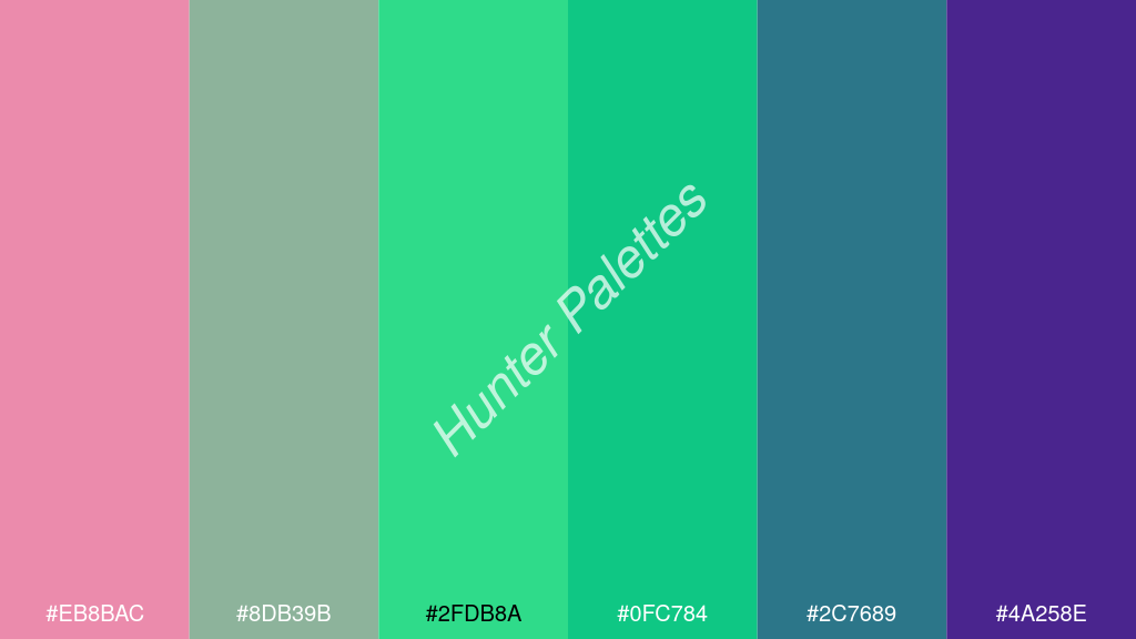 foszforeszkáló zöld szín palettája a következőkkel: #eb8bac #8db39b #2fdb8a #0fc784 #2c7689 #4a258e