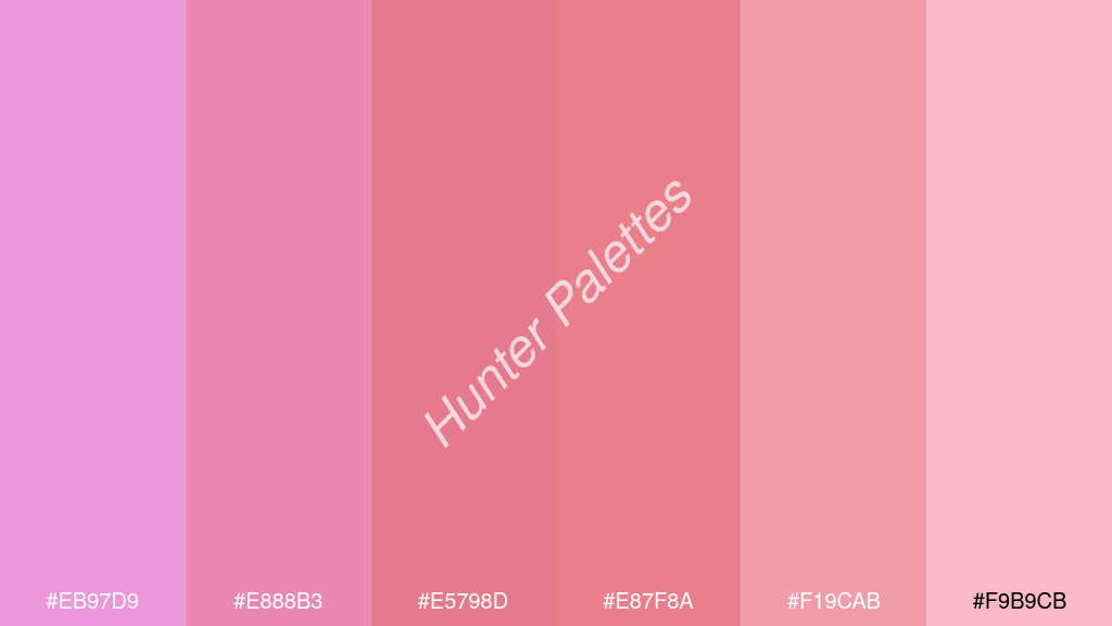 korall szín palettája a következőkkel: #eb97d9 #e888b3 #e5798d #e87f8a #f19cab #f9b9cb