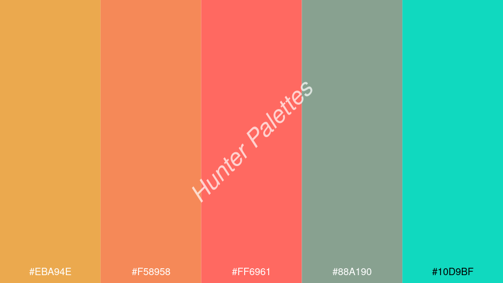 pasztell piros szín palettája a következőkkel: #eba94e #f58958 #ff6961 #88a190 #10d9bf