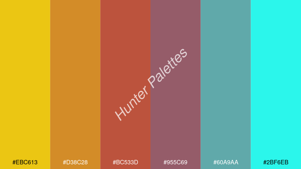 gránát szín palettája a következőkkel: #ebc613 #d38c28 #bc533d #955c69 #60a9aa #2bf6eb