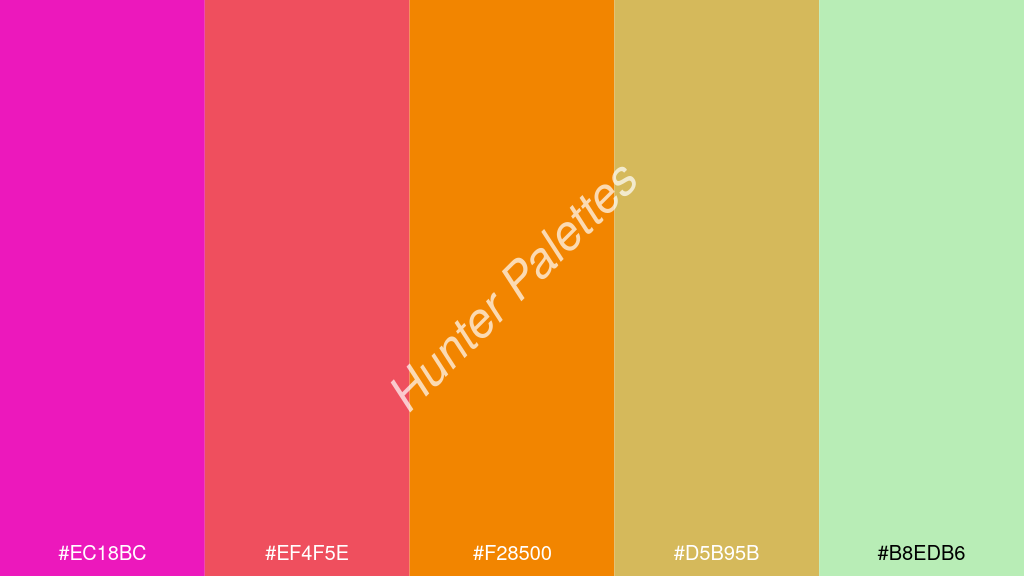 mandarin szín palettája a következőkkel: #ec18bc #ef4f5e #f28500 #d5b95b #b8edb6