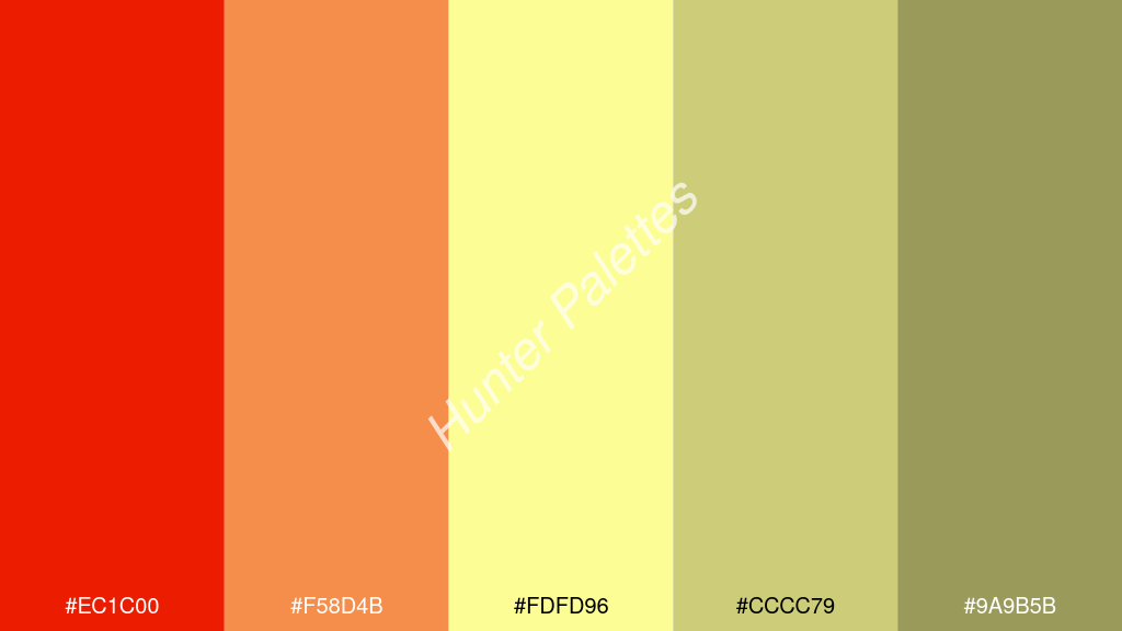 pasztell sárga szín palettája a következőkkel: #ec1c00 #f58d4b #fdfd96 #cccc79 #9a9b5b