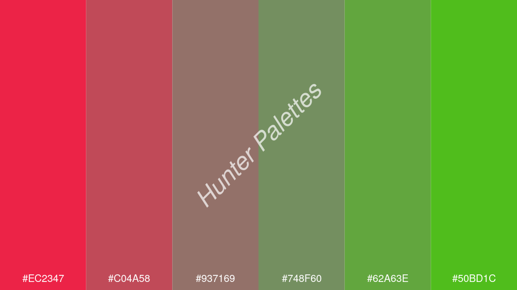 cement szürke szín palettája a következőkkel: #ec2347 #c04a58 #937169 #748f60 #62a63e #50bd1c