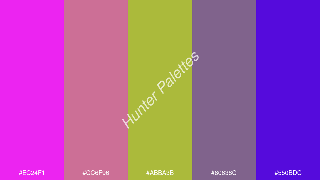 kivi szín palettája a következőkkel: #ec24f1 #cc6f96 #abba3b #80638c #550bdc
