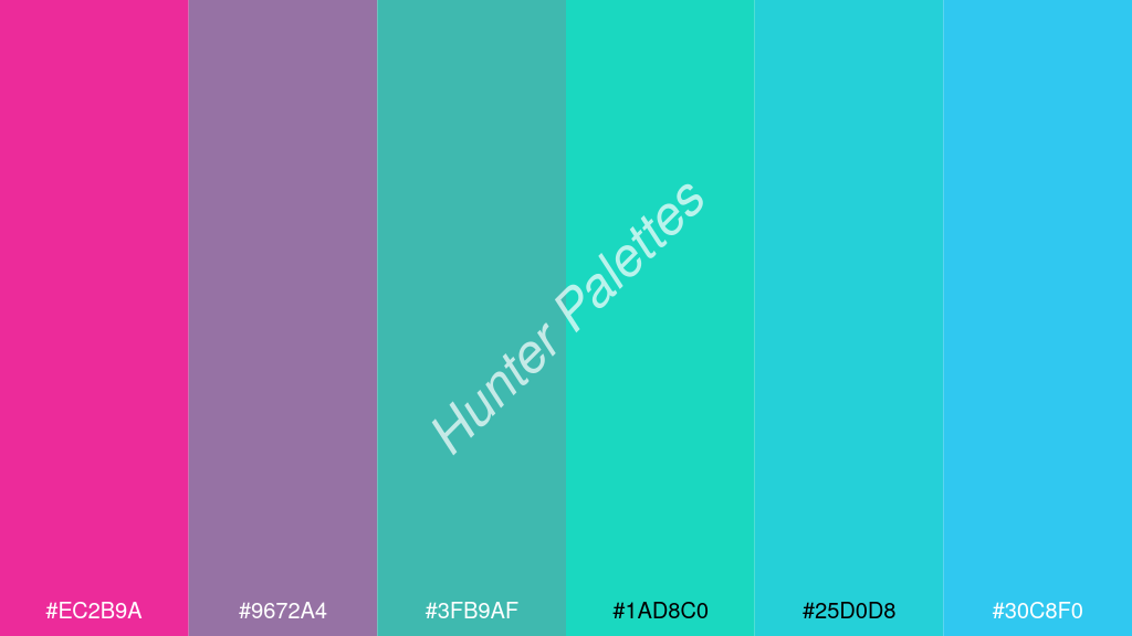 karibi zöld szín palettája a következőkkel: #ec2b9a #9672a4 #3fb9af #1ad8c0 #25d0d8 #30c8f0