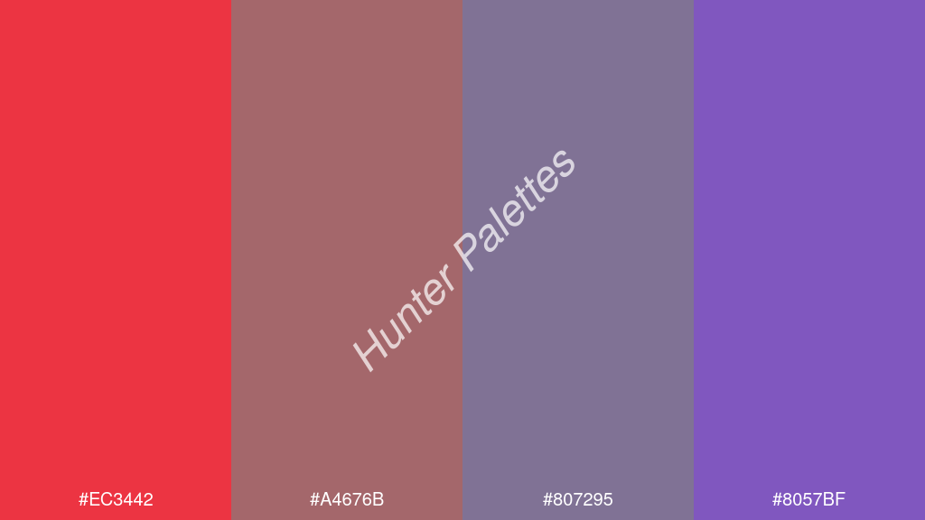 szürke szín palettája a következőkkel: #ec3442 #a4676b #807295 #8057bf