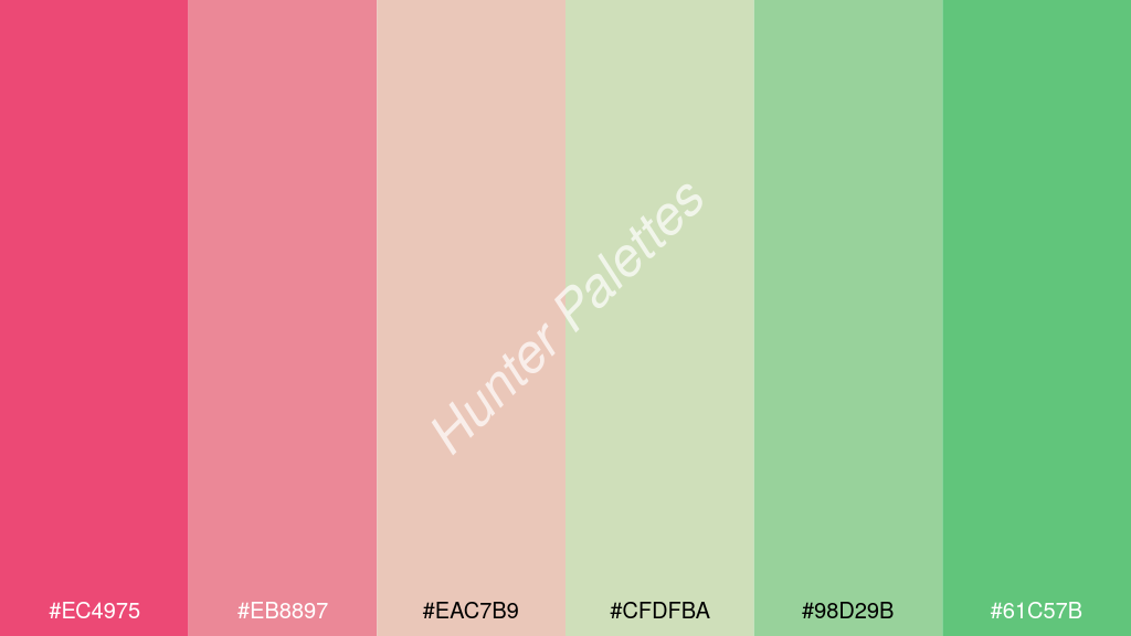 gyöngyház fehér szín palettája a következőkkel: #ec4975 #eb8897 #eac7b9 #cfdfba #98d29b #61c57b