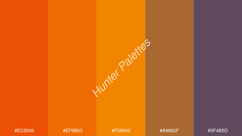 mandarin szín palettája a következőkkel: #ec5006 #ef6b03 #f28500 #a9682f #5f4b5d