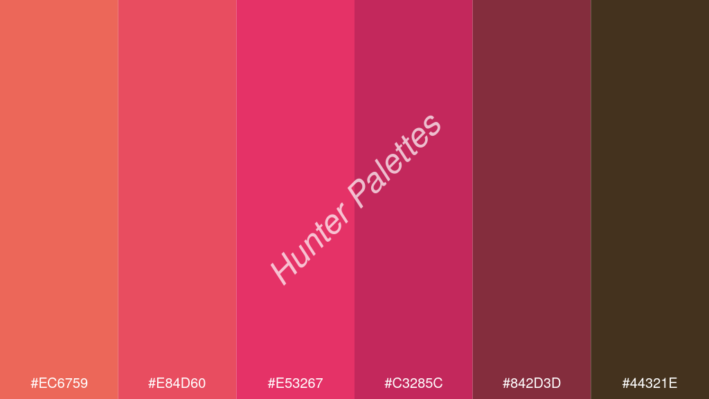 razzmatazz szín palettája a következőkkel: #ec6759 #e84d60 #e53267 #c3285c #842d3d #44321e