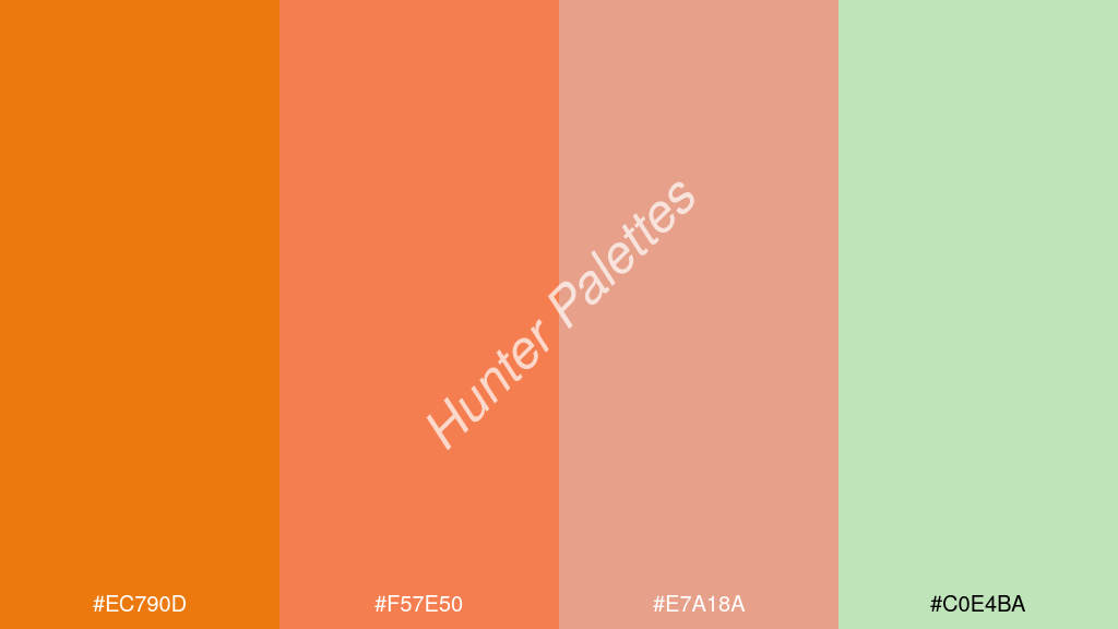 lazac szín palettája a következőkkel: #ec790d #f57e50 #e7a18a #c0e4ba