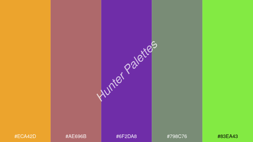 szőlő szín palettája a következőkkel: #eca42d #ae696b #6f2da8 #798c76 #83ea43