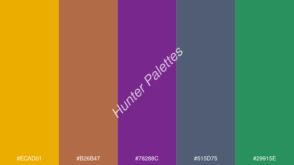 ibolya szín palettája a következőkkel: #ecad01 #b26b47 #78288c #515d75 #29915e