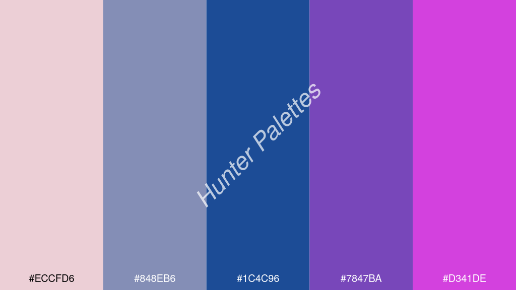 indigókék szín palettája a következőkkel: #eccfd6 #848eb6 #1c4c96 #7847ba #d341de