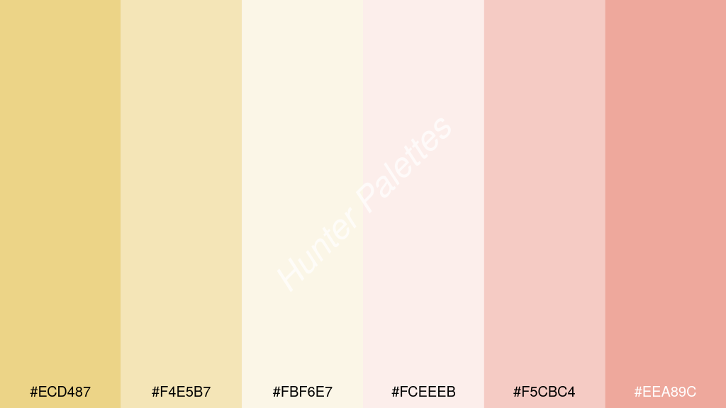 fehér szín palettája a következőkkel: #ecd487 #f4e5b7 #fbf6e7 #fceeeb #f5cbc4 #eea89c