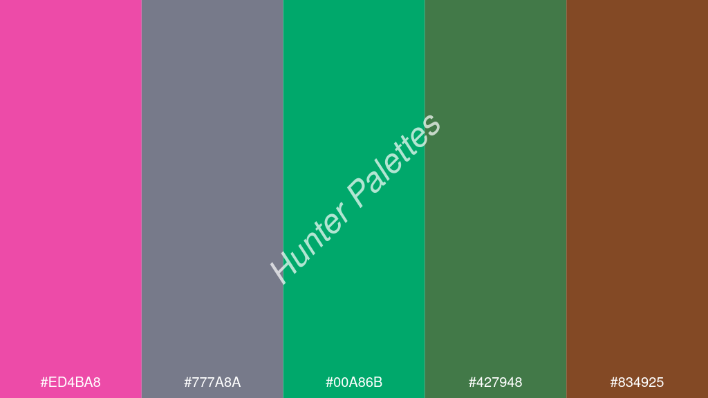 jáde szín palettája a következőkkel: #ed4ba8 #777a8a #00a86b #427948 #834925