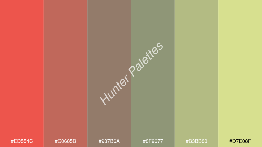 cement szürke szín palettája a következőkkel: #ed554c #c0685b #937b6a #8f9677 #b3bb83 #d7e08f