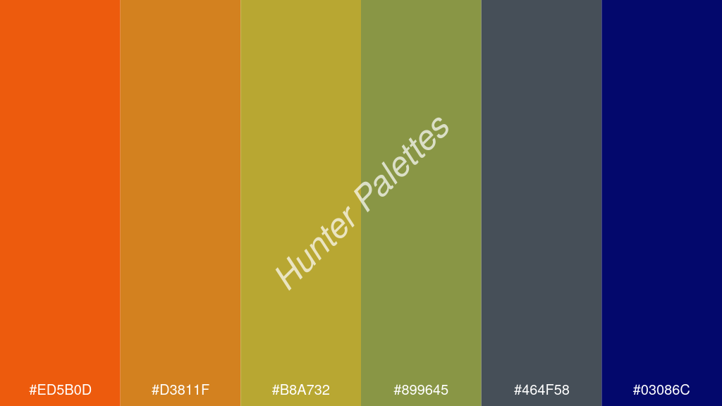 kivi szín palettája a következőkkel: #ed5b0d #d3811f #b8a732 #899645 #464f58 #03086c