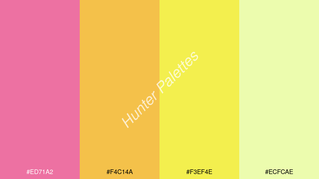 kanárisárga szín palettája a következőkkel: #ed71a2 #f4c14a #f3ef4e #ecfcae