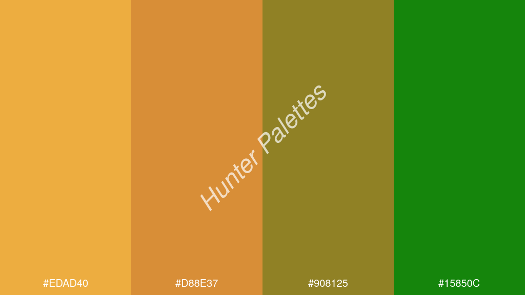 bronz szín palettája a következőkkel: #edad40 #d88e37 #908125 #15850c