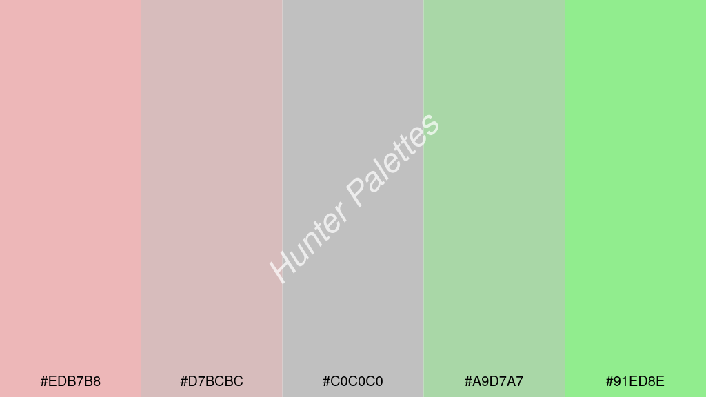 ezüstszürke szín palettája a következőkkel: #edb7b8 #d7bcbc #c0c0c0 #a9d7a7 #91ed8e