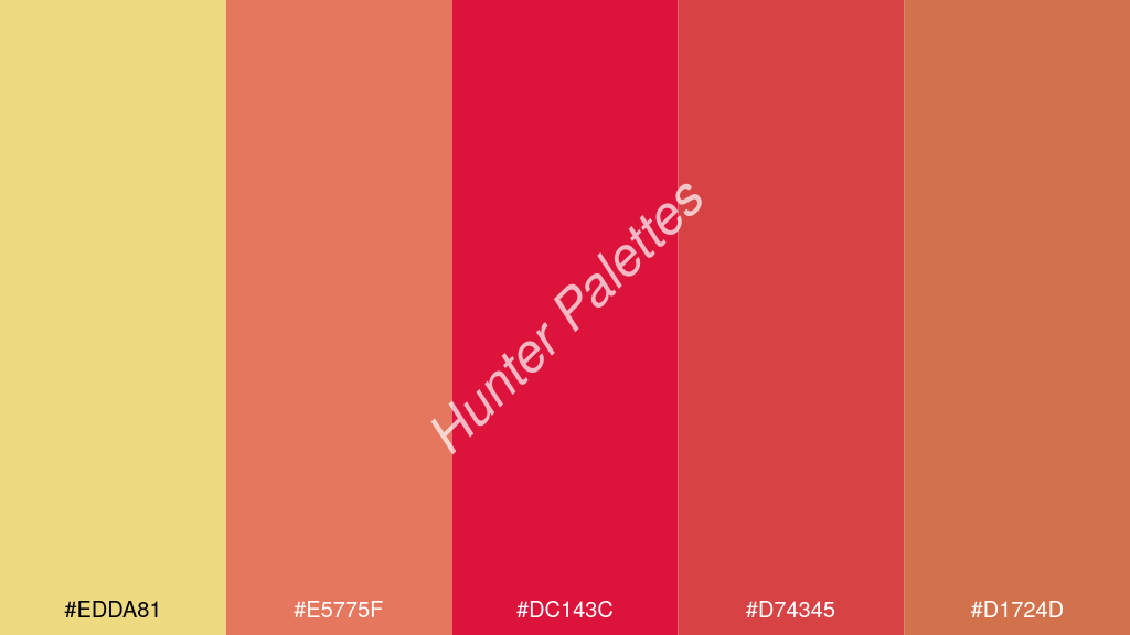 bíbor szín palettája a következőkkel: #edda81 #e5775f #dc143c #d74345 #d1724d