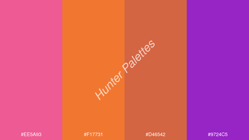 mandarin szín palettája a következőkkel: #ee5a93 #f17731 #d46542 #9724c5