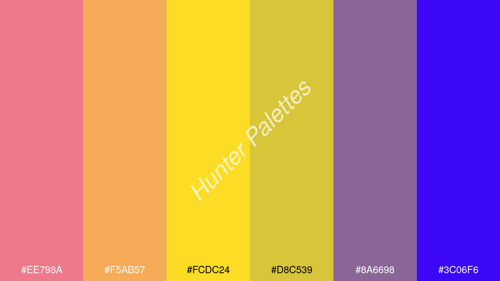 neon sárga szín palettája a következőkkel: #ee798a #f5ab57 #fcdc24 #d8c539 #8a6698 #3c06f6